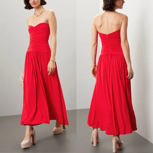 Rosetta Getty Collective Ruched Dress Strapless Sweetheart Maxi Cocktail Red 2 - Picture 2 of 10